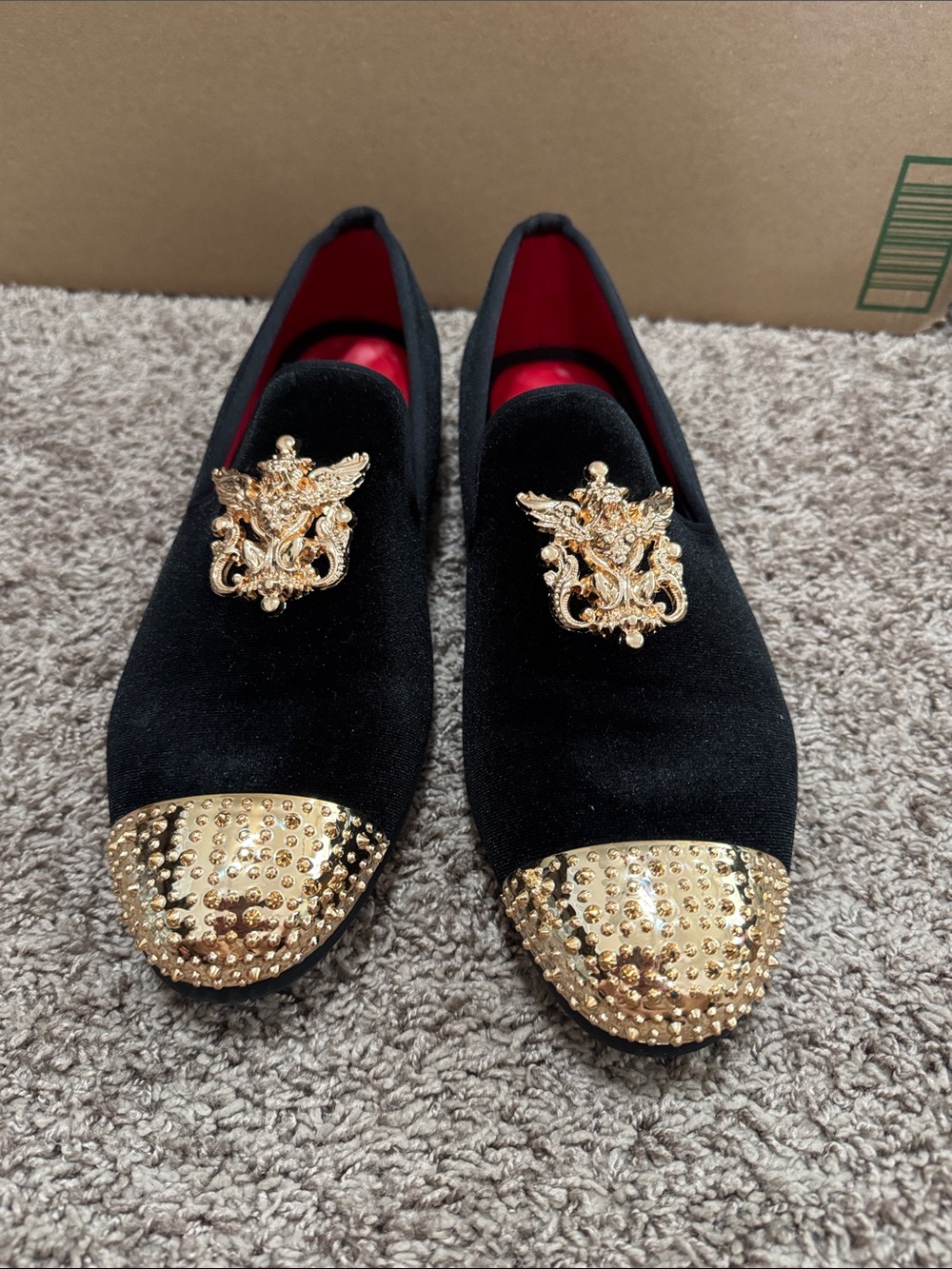 Tai Black Velvet Loafers with Gold Crest & Studded Toe Caps